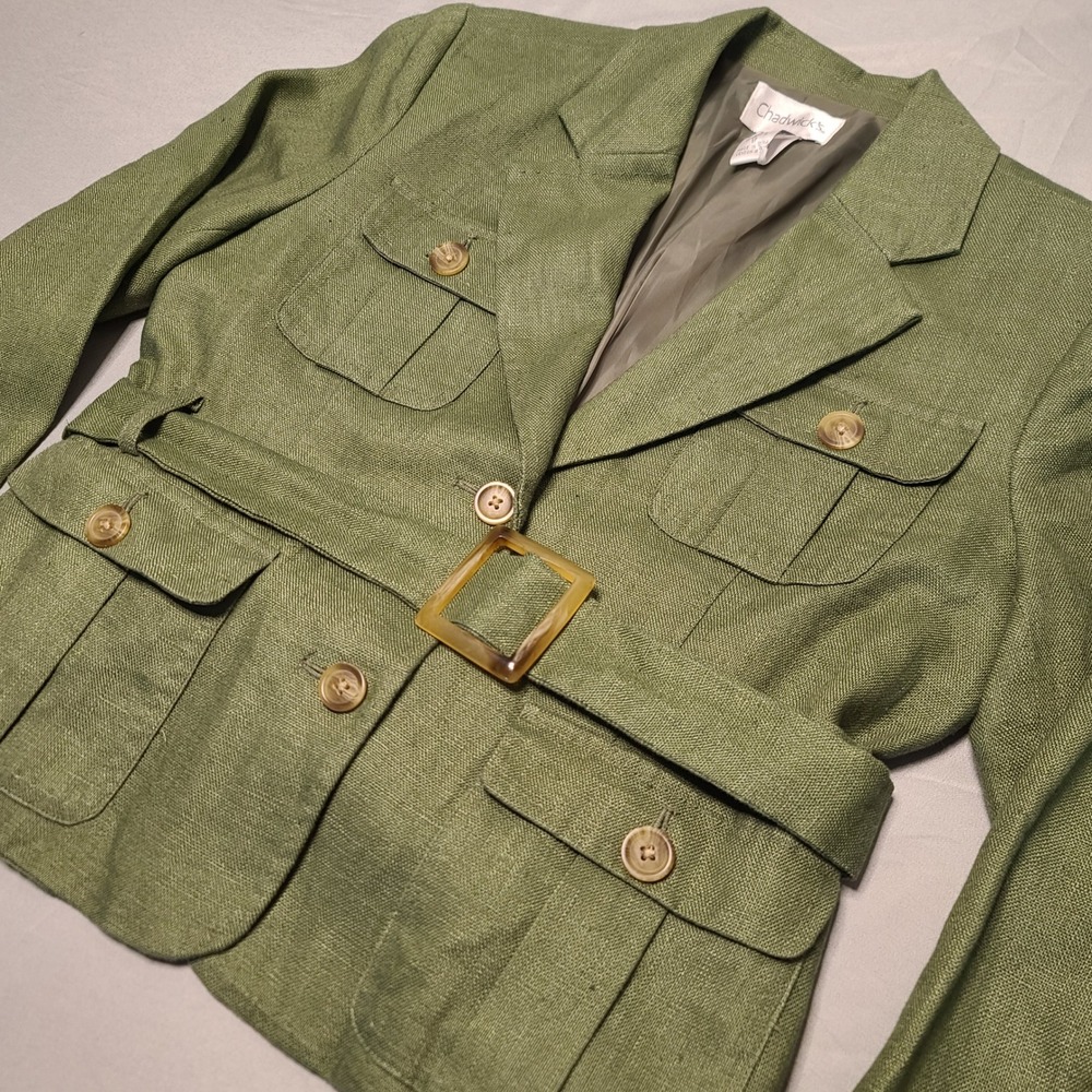 Chadwicks Linen Safari Blazer Womens 6P Olive Green Belted Utility Quiet Luxury